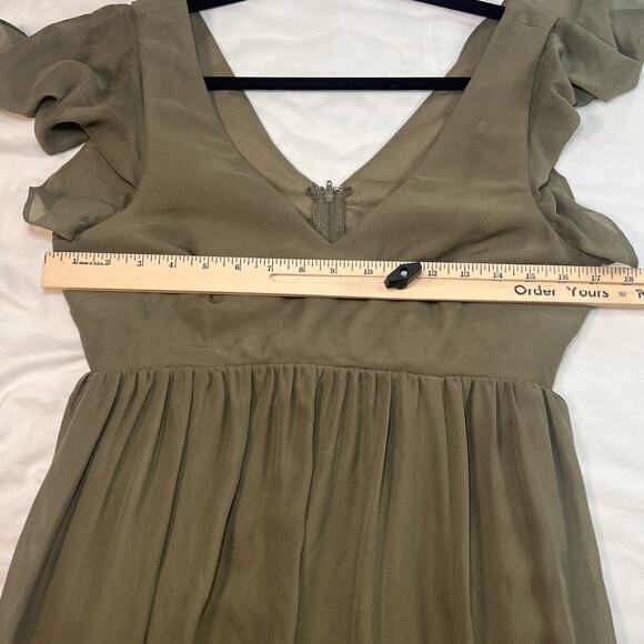 Birdy Grey Hannah Dress Size M Olive Green Chiffon Sage Empire Flutter Sleeves - Picture 6 of 15